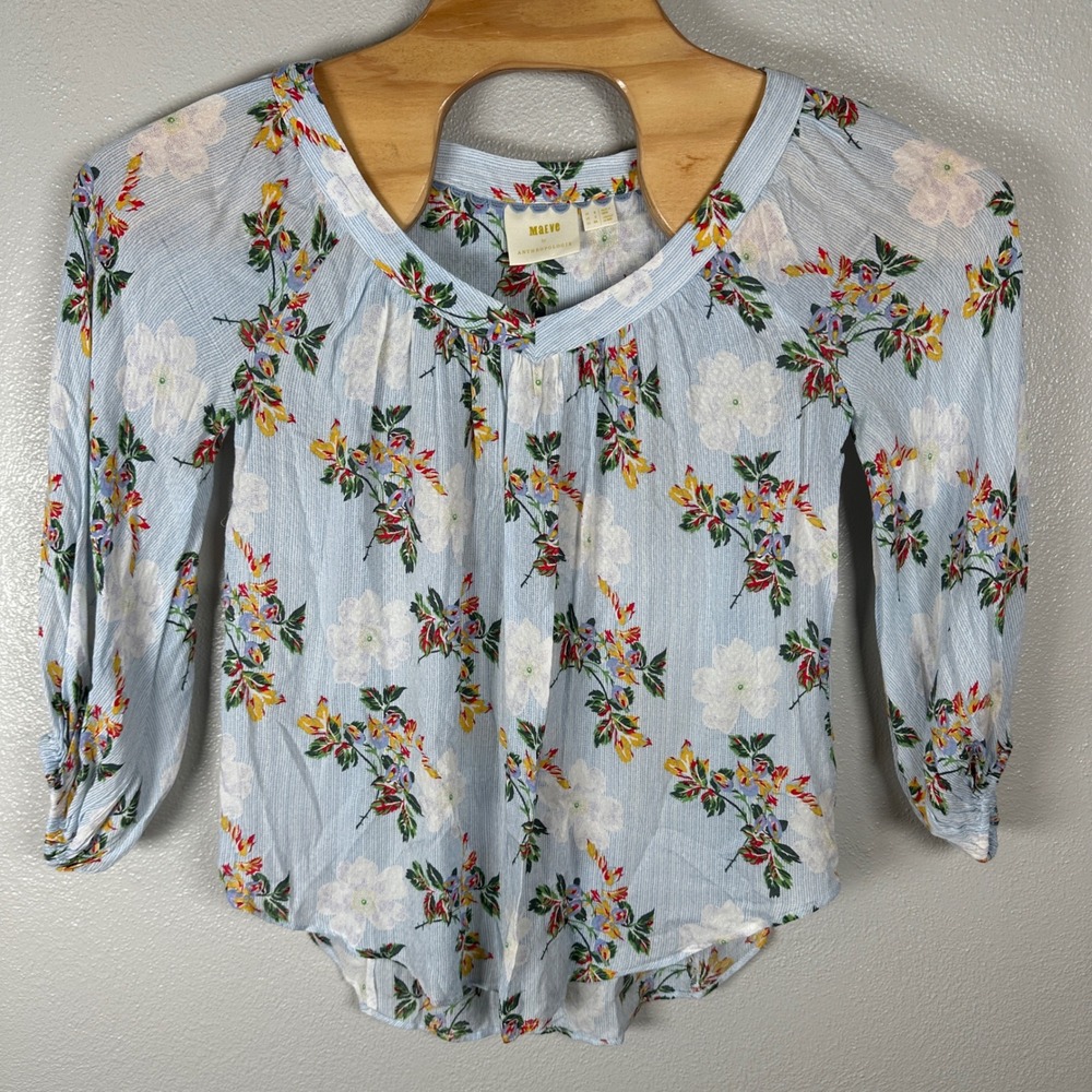 Maeve Anthropologie Boswell Blouse Floral Blue Stripe Top Size 2 Balloon Sleeve